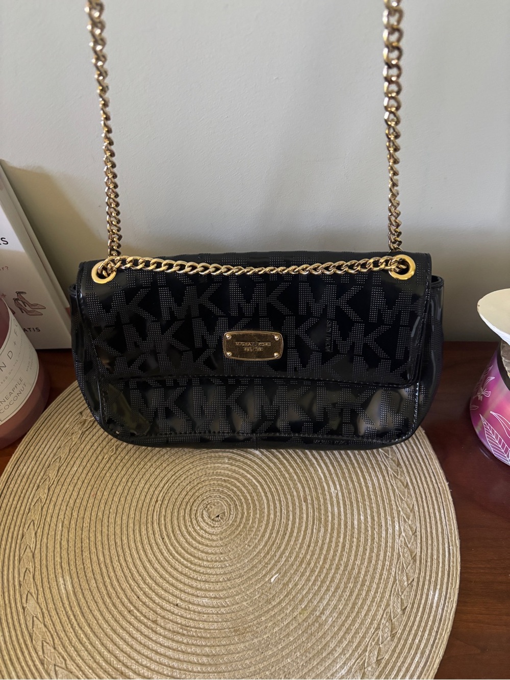 Michael Kors Black Patent MK Logo bag with Gold Chain